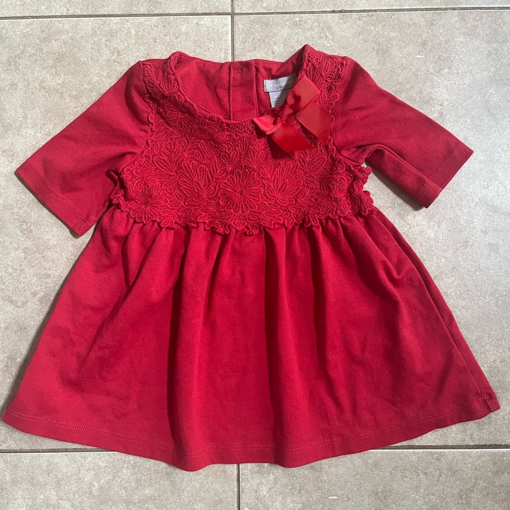 Tahari Girls Size 4T Half Sleeve Dress Red Floral Lace Bow Button Accent A-Line